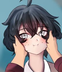 1girl :&gt; black_hair sophie_(popopoka) blue_background borrowed_character brown_sweater face_hold face_squeeze freckles hair_between_eyes highres looking_at_viewer original shirt short_hair simple_background smile solo_focus sweater unstableboiler upper_body white_eyes