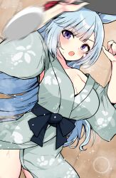 Rule 34 | akizuki shigure, animal ears, blue hair, blush, breasts, cleavage, highres, horse ears, horse girl, japanese clothes, kimono, large breasts, long hair, mejiro ardan (umamusume), no bra, no panties, open mouth, purple eyes, sweat, table tennis, umamusume
