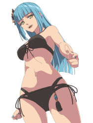 1girl bikini black_bikini blue_hair breasts chiharu_(9654784) eiyuu_densetsu front-tie_bikini_top front-tie_top groin highres hime_cut kai_no_kiseki kuro_no_kiseki_(series) long_hair looking_at_viewer medium_breasts midriff nail_polish navel open_mouth risette_twinings simple_background smile solo swimsuit white_background yellow_eyes