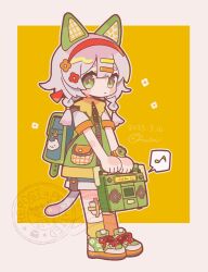 1girl :&lt; animal_ears backpack bag blue_shorts blush_stickers boombox border braid buttons cat_ears cat_girl cat_tail closed_mouth commentary_request dated full_body green_bag green_eyes green_shoes green_vest grey_hair holding holding_boombox looking_at_viewer medium_hair musical_note original outline outside_border pocket shirt shoes short_sleeves shorts signature sneakers socks solo sorata123 spoken_musical_note standing tail twin_braids vest white_border white_outline white_shirt yellow_background yellow_socks