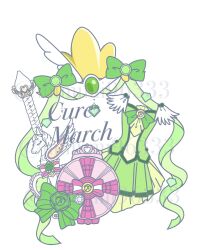 ascot bow bowtie character_name circlet clothes_only compact_(cosmetics) cosmetics crown cure_march feather_sleeves gold_crown green_ascot green_bow green_bowtie green_ribbon green_shirt green_skirt hair_ornament highres mimimi96333 miniskirt no_humans pleated_skirt precure ribbon shirt short_sleeves simple_background skirt skirt_set smile_pact smile_precure! train_(clothing) twitter_username unicorn wand watermark white_background white_sleeves wing_hair_ornament