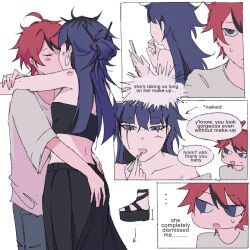 2girls black_dress black_hair black_tube_top blue_eyes blue_hair collarbone dress english_text female_focus genderswap genderswap_(mtf) highres kiss lipstick makeup multicolored_hair multiple_girls omokage_yugamu platform_sandals red_hair sandals shirt speech_bubble strapless sumino_takumi the_hundred_line_-last_defense_academy- tube_top white_shirt yuri
