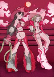 Rule 34 | 2girls, absurdres, aerith gainsborough, ass, belt, bikini, blonde hair, boots, braid, breasts, brown hair, chaps, cowboy boots, cowboy hat, final fantasy, final fantasy vii, front-tie bikini top, front-tie top, gloves, hat, highres, large breasts, lasso, multiple girls, nakeisdead, navel, pink chaps, sheriff badge, swimsuit, tifa lockhart, wide hips