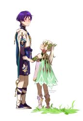 1boy 1girl absurdres anklet arm_at_side armlet armor bell belt black_belt black_bodysuit black_bridal_gauntlets black_leggings black_shorts blue_gemstone blue_sleeves blunt_ends blush bodysuit bridal_gauntlets cape closed_mouth detached_sleeves dress eyelashes full_body furisode gem genshin_impact gold gold_ring gold_trim grass green_cape green_sleeves hakama hakama_shorts hand_on_another&#039;s_arm height_difference highres japanese_armor japanese_clothes jewelry kimono koffiiibeanz kote kurokote layered_sleeves leg_warmers leggings long_hair looking_at_another looking_to_the_side looking_up middle_ring nahida_(genshin_impact) parted_lips pleated_shorts pointy_ears purple_eyes purple_hair purple_rope purple_sash rope sandals sash scaramouche_(genshin_impact) short_sleeves shorts side_ponytail sidelocks smile socks standing stirrup_footwear stirrup_legwear tassel toeless_legwear toes tsurime turtleneck turtleneck_bodysuit twitter_username vision_(genshin_impact) wanderer_(genshin_impact) watermark white_background white_dress white_hair white_kimono white_leg_warmers white_mouth white_sandals white_sleeves white_socks zouri