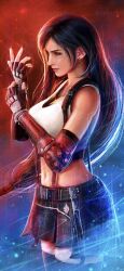 1girl adjusting_clothes adjusting_gloves bare_shoulders black_gloves black_hair black_skirt black_sports_bra black_thighhighs blue_background bracelet breasts closed_mouth commentary cowboy_shot crop_top earrings elbow_gloves english_commentary final_fantasy final_fantasy_vii final_fantasy_vii_rebirth final_fantasy_vii_remake fingerless_gloves from_side gloves gradient_background highres jewelry large_breasts light_particles lips long_hair low-tied_long_hair midriff miniskirt navel red_background red_eyes red_lips single_arm_guard single_earring skirt solo sports_bra suspender_skirt suspenders tank_top thighhighs tifa_lockhart two-tone_background tylor_hepner white_tank_top zettai_ryouiki
