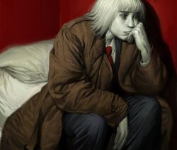 1boy absurdres blue_pants brown_coat closed_mouth coat colored_skin expressionless highres indoors john31533733105 male_focus necktie original painterly pants pillow realistic red_necktie rutherforidium sitting solo white_hair white_skin