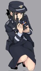 Rule 34 | 1girl, black eyes, black footwear, black hair, black necktie, blue shirt, collared shirt, commentary request, cropped, dress shirt, epaulettes, female service cap, folded ponytail, full body, grey background, gun, handgun, hat, highres, holding, holding gun, holding weapon, long sleeves, looking afar, m1911, magazine (weapon), military, military dress uniform, military hat, military rank insignia, military uniform, necktie, on one knee, original, pencil skirt, reloading, republic of korea air force, ribbon bar, shirt, short hair, sidelocks, simple background, skirt, solo, wani (perfect han), weapon, worried