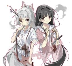 2girls black_hair blood blood_on_arm blood_on_clothes blood_on_face blood_on_hands blush bow branch cigarette fujiwara_no_mokou hair_bow hand_in_pocket hands_on_own_chest highres hime_cut houraisan_kaguya jeweled_branch_of_hourai knife knifed long_hair looking_at_viewer multiple_girls pants pink_shirt red_eyes red_pants sesmkun shirt short_sleeves smile smoke smoke_trail smoking touhou upper_body very_long_hair white_background white_hair white_shirt