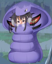 1girl arbok black_hair blush breath commentary_request constriction crossover forest forked_tongue gen_1_pokemon grass highres kantai_collection lets0020 nature nintendo nose_blush open_mouth pokemon pokemon_(creature) purple_eyes short_hair_with_long_locks smile snake tokitsukaze_(kancolle) tongue translation_request upper_body