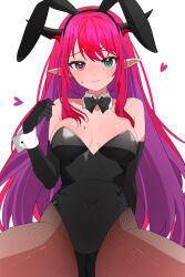 1girl absurdres arm_behind_back bare_shoulders black_bow black_bowtie black_garter_straps black_leotard black_pantyhose blue_eyes bow bowtie breasts cleavage closed_mouth commentary covered_navel detached_collar double-parted_bangs elbow_gloves fishnet_pantyhose fishnets garter_straps gloves hair_between_eyes hana20000920 hand_up heterochromia highres hololive hololive_english horns irys_(hololive) leotard long_hair looking_at_viewer medium_breasts pantyhose playboy_bunny pointy_ears purple_eyes red_hair sidelocks simple_background sitting solo spread_legs strapless strapless_leotard symbol-only_commentary very_long_hair virtual_youtuber white_background wrist_cuffs