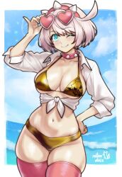 1girl adjusting_eyewear aqua_eyes artist_logo artist_name bikini blush breasts cleavage closed_mouth collar commission elphelt_valentine eyebrows_hidden_by_hair eyewear_on_head gold_bikini groin guilty_gear guilty_gear_strive hand_on_own_hip heart heart-shaped_eyewear highres large_breasts logo looking_at_viewer navel ocean one_eye_closed pink-tinted_eyewear pink_collar pink_hair pink_thighhighs rotomdocs shirt short_hair smile solo spiked_collar spikes stomach swimsuit thighhighs tinted_eyewear white_shirt