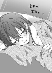 1girl blush breasts closed_eyes commentary_request crossed_bangs facing_viewer greyscale hair_between_eyes japanese_clothes kimono kohinata_iroha_(imouuzai) lying monochrome novel_illustration official_art on_back second-party_source sleeping solo squeans tomari_(veryberry00) tomodachi_no_imouto_ga_ore_ni_dake_uzai translation_request
