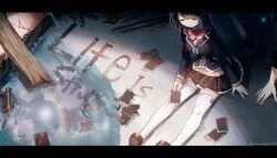 Rule 34 | 1girl, 1other, black footwear, black hair, black jacket, blazer, bow, brown cardigan, cardigan, closed eyes, closed mouth, collared shirt, copyright name, grey skirt, highres, jacket, life is strange (series), life is strange 1, long hair, nijisanji, ninahachi, out of frame, plaid clothes, plaid skirt, plank, pleated skirt, polaroid photo, red bow, school uniform, shirt, shoes, sitting, skirt, smile, thighhighs, torn photo, tsukino mito, tsukino mito (1st costume), very long hair, virtual youtuber, water, white shirt, white thighhighs