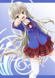 1girl ahoge bow cosplay female_focus green_eyes haiyore!_nyaruko-san kamen_rider kamen_rider_fourze_(series) long_hair nora-toro nyarlathotep_(nyaruko-san) school_uniform silver_hair solo thighhighs white_thighhighs zettai_ryouiki
