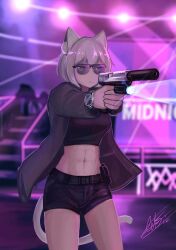 1girl 2others abs ammunition_pouch animal_ear_fluff animal_ears arktic backlighting belt belt_pouch black_jacket black_shirt black_shorts blurry blurry_background cat_ears cat_girl cat_tail commentary cowboy_shot crop_top cropped_shirt english_commentary finger_on_trigger flashlight flashlight_beam gun h&amp;k_usp handgun highres holding holding_gun holding_weapon jacket lens_flare long_sleeves multiple_others navel neon_lights nightclub open_clothes open_jacket original parted_lips pink_hair pink_tail pouch serious shirt shorts signature spotlight stairs sunglasses suppressor tail thighs ultraviolet_light watch weapon yellow_eyes