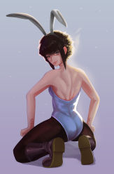 Rule 34 | 1girl, animal ears, ass, bags under eyes, black lagoon, boots, breasts, fake animal ears, female focus, frederica sawyer, full body, gradient background, highres, kneeling, leotard, pantyhose, playboy bunny, rabbit ears, scar, scar on arm, scar on neck, solo