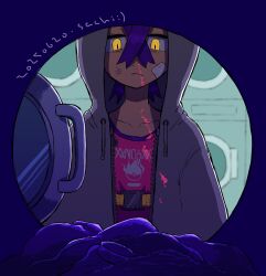 1boy absurdres bandaid bandaid_on_cheek bandaid_on_face blood blood_on_clothes blood_on_face closed_mouth crossed_bangs dated grey_jacket hair_between_eyes highres hood hood_up hooded_jacket jacket kieran_(pokemon) male_focus mixed-language_commentary mole mole_on_neck nintendo nosebleed open_clothes open_jacket poke_ball_print pokemon pokemon_sv purple_hair red_tank_top sachi_achi signature solo tank_top upper_body washing_machine washing_machine_interior yellow_eyes