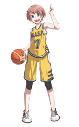 1girl akahane_daisuke bad_id bad_pixiv_id ball basketball_(object) basketball_uniform brown_hair female_focus green_eyes highres index_finger_raised looking_at_viewer original short_hair shorts simple_background solo sportswear standing