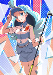 1girl ahoge blue_eyes blue_hair blue_hat blue_skirt cowboy_shot creatures_(company) game_freak gloves golf_club hat highres holding holding_golf_club kahili_(pokemon) long_hair looking_at_viewer masamu_(leonore69) mole mole_under_eye nintendo pokemon pokemon_sm shirt single_glove skirt smile solo striped_clothes striped_shirt visor_cap white_gloves