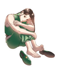 1boy barefoot black_eyes black_hair closed_mouth empty_eyes green_pants green_shirt green_shoes hugging_own_legs hunter_x_hunter illumi_zoldyck long_hair looking_at_viewer male_focus pants shakikashi shirt shoes sitting sleeveless solo unworn_shoes white_background