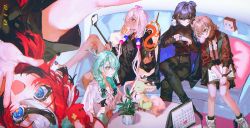 5girls ahoge alternate_costume antlers bare_legs blouse blue_eyes blue_hair blue_nails boros_(ouro_kronii) bottle braid branch bread brown_eyes brown_hair calendar_(medium) cellphone ceres_fauna close-up coat coat_on_shoulders couch dark-skinned_female dark_skin food friend_(nanashi_mumei) green_hair hair_ornament hair_over_one_eye hakos_baelz high-waist_pants high-waist_skirt highres holocouncil hololive hololive_english hood hoodie horns jersey leaning_on_person limiter_(tsukumo_sana) logo looking_at_viewer low_twintails melon_bread mr._squeaks_(hakos_baelz) multicolored_hair multiple_girls nail_polish nanashi_mumei nasa nasa_logo nemu_(ceres_fauna) ouro_kronii pants pen petting phone photo_date_watermark pillow planet_hair_ornament plant potted_plant quasarcake red_hair ribbon round_table sandals selfie_stick shirt short_hair skirt smartphone spray_bottle streaked_hair t-shirt table textbook tsukumo_sana twintails virtual_youtuber watch white_hair wristband wristwatch yatagarasu_(tsukumo_sana) yellow_eyes
