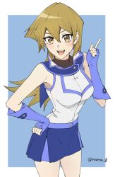 1girl bare_shoulders blue_background blue_gloves blue_skirt border breasts brown_eyes brown_hair commentary cowboy_shot fingerless_gloves gloves long_hair medium_breasts romaji_commentary rourou_ill simple_background skirt solo tenjouin_asuka vest white_border white_vest yu-gi-oh! yu-gi-oh!_gx