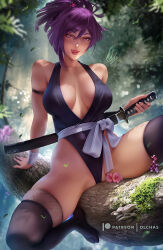 1girl arm_support artist_name black_thighhighs blurry blurry_background breasts highleg highleg_leotard jigokuraku large_breasts leotard licking_lips lips looking_at_viewer ninja olchas purple_hair red_eyes sash short_hair short_sword sitting solo sword thighhighs tongue tongue_out weapon white_sash yuzuriha_(jigokuraku)