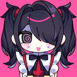1girl @_@ aibo658933 ame-chan_(needy_girl_overdose) black_hair chibi chibi_only hair_over_one_eye neck_ribbon needy_girl_overdose pill_on_tongue pink_background red_shirt ribbon shirt short_twintails sidelocks solo suspenders sweat twintails upper_body winged_sleeves