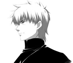 1boy fate/zero fate_(series) from_side greyscale kotomine_kirei kotomine_kirei_(fate/zero) light_frown male_focus monochrome nyum portrait solo