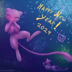 2024 2girls blubluumon blush breasts closed_eyes colored_skin fireworks flying gen_1_pokemon giggling hand_on_breasts hands_on_own_face happy_new_year legendary_pokemon long_tail mew_(pokemon) mewtwo multiple_girls mythical_pokemon new_year nintendo pink_skin pokemon purple_eyes purple_skin tail
