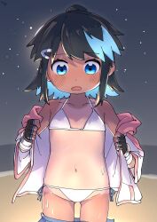1girl ? beach bikini black_hair blue_eyes blue_hair breasts colored_inner_hair fingerless_gloves flat_chest gloves highres itoriyo multicolored_hair navel neapozi night night_sky raisei_no_ryu_tsukai sidelocks simple_background sky small_breasts sorano_minori star_(sky) swimsuit tan tanline third-party_edit white_background white_bikini
