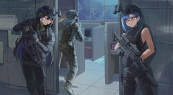 3girls absurdres black_jacket black_pants black_pantyhose black_shorts black_sweater_vest blue_eyes blue_hair brown_hair bulletproof_vest camouflage camouflage_jacket camouflage_pants colored_inner_hair combat_helmet commission explosive grenade gun hair_between_eyes helmet heterochromia highres holding holding_grenade holding_gun holding_weapon jacket long_hair medium_hair multicolored_hair multiple_girls night_vision_device original pants pantyhose purple_eyes rifle short_shorts shorts sidelocks sweater_vest weapon yellow_eyes zaq_(zaqsta)