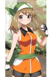 1girl absurdres bandana bare_arms bike_shorts blush brown_eyes brown_hair clenched_hand closed_mouth commentary_request cowboy_shot dress eyelashes fanny_pack gloves green_bag green_bandana hand_up highres holding holding_poke_ball may_(pokemon) medium_hair nintendo orange_dress pillarboxed poke_ball pokemon pokemon_emerald pokemon_rse premier_ball sleeveless sleeveless_dress smile solo split_mouth white_gloves yuihico