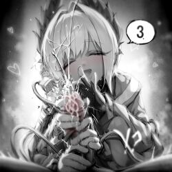 1boy 1girl arknights bird_girl blur_censor blush cable cable_tail censored chinese_commentary closed_eyes commentary_request cum cum_on_hair ejaculation electric_plug electric_plug_tail extra_arms feathers flower gloves greyscale hair_flower hair_ornament handjob head_wings heart hetero highres kupa_(jesterwii) large_variant_set mechanical_tail monochrome open_mouth paid_reward_available penis pov pov_crotch raidian_(arknights) short_hair smile solo_focus speech_bubble spot_color tail tail_wrap variant_set wings