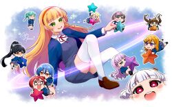 &gt;_&lt; +_+ 6+girls :c :d absurdres anger_vein aqua_hair arashi_chisato arched_bangs biting_another&#039;s_hair biting_hair black_hair blazer blonde_hair blue_eyes blue_jacket blunt_bangs blush bob_cut braid braided_twintails bright_pupils brown_footwear brown_hair cheek_poking chibi closed_mouth collared_shirt commentary double_bun dress dress_shirt english_commentary gradient_hair green_eyes grey_dress grey_hair hair_bun hairband half_up_braid hazuki_ren heanna_sumire high_ponytail highres himejoshi holding holding_star jacket kotori_photobomb loafers long_hair long_sleeves looking_at_another love_live! love_live!_superstar!! low_twin_braids low_twintails medium_hair mini_person minigirl multicolored_hair multiple_girls neck_ribbon nose_blush o_o onitsuka_natsumi onitsuka_tomari open_clothes open_jacket open_mouth orange_eyes orange_hair outline pink_hair poking ponytail purple_eyes rectangular_mouth red_eyes red_hairband red_ribbon ribbon sakurakoji_kinako school_uniform shibuya_kanon shirt shoes short_dress short_hair siblings sidelocks sisters ska.harumi smile solo_focus star_(symbol) sweatdrop tang_keke teeth thighhighs tongue tongue_out twin_braids twintails upper_teeth_only v-shaped_eyebrows v-shaped_eyes wakana_shiki white_hair white_outline white_pupils white_shirt white_thighhighs wien_margarete winter_uniform yoneme_mei yuigaoka_school_uniform yuri