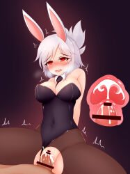 1boy 1girl animal_ears arms_behind_back ayatori_(aytr) bar_censor bare_shoulders battle_bunny_riven black_leotard black_necktie blush breasts breath brown_pantyhose censored clothing_aside collar covered_navel cowboy_shot cross-section cum cum_in_pussy cum_overflow detached_collar eyelashes fake_animal_ears gradient_background grey_hair hetero large_breasts league_of_legends leotard leotard_aside looking_at_viewer looking_down motion_lines necktie no_nose no_panties official_alternate_costume open_mouth pantyhose penis playboy_bunny ponytail purple_background pussy rabbit_ears red_eyes riven_(league_of_legends) saliva sex short_hair short_ponytail simple_background sitting smile solo_focus spread_legs strapless strapless_leotard torn_clothes torn_pantyhose uterus vaginal variant_set white_collar