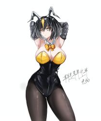 1girl 2025 absurdres antennae armpits arms_behind_head black_gloves black_hair black_leotard black_pantyhose bow bowtie breasts ccc_114514 chinese_commentary chinese_text cleavage collar dated detached_collar expressionless eyelashes gloves highres leotard looking_at_viewer pantyhose personification playboy_bunny shiny_clothes shiny_legwear shiny_skin short_hair solo strapless strapless_leotard ultra_kaijuu_gijinka_keikaku ultra_series white_background white_collar yellow_bow yellow_bowtie yellow_eyes zetton
