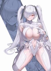 1girl absurdres arm_support bodysuit breasts bright_pupils cinderella_(nikke) cleavage closed_mouth clothing_cutout commentary goddess_of_victory:_nikke grey_hair hair_ornament hair_over_one_eye hand_on_own_chest highres large_breasts long_hair looking_at_viewer navel navel_cutout one_eye_covered red_eyes see-through_clothes see-through_skirt seiza sitting skirt smile twintails very_long_hair white_bodysuit white_pupils zoom_layer zukululuu