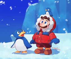 1boy 2others animal animal_on_head bird bird_on_head blue_eyes blue_gloves brown_hair coat facial_hair gloves hanaon highres hood hood_up hooded_coat mario mario_(series) multiple_others mustache nintendo on_head penguin_(mario) signature snow super_mario_64 super_mario_odyssey tagme winter_clothes winter_coat