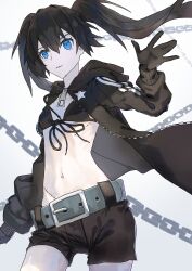 Rule 34 | belt, bikini, bikini top only, black bikini, black coat, black gloves, black hair, black rock shooter, black rock shooter (character), black shorts, blue eyes, chain, coat, gloves, hashtag-only commentary, highres, hood, hooded coat, kuthi0510, long hair, midriff, navel, no shirt, open clothes, open coat, pale skin, scar, shorts, star (symbol), swimsuit, twintails
