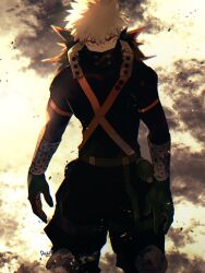 1boy bakugou_katsuki belt black_pants blonde_hair boku_no_hero_academia covered_mouth debris feet_out_of_frame gloves hair_between_eyes highres long_sleeves looking_at_viewer male_focus multicolored_gloves pants red_eyes ryo_(piggerworld) short_hair solo spiked_hair standing superhero_costume