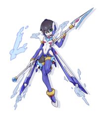 1girl adapted_costume aile_(mega_man_zx) bare_shoulders bingshan black_thighhighs blue_footwear blue_headwear bodysuit breasts brown_hair character_name commentary_request covered_navel detached_sleeves fairy_leviathan_(mega_man) gloves green_eyes headgear highres hip_vent holding holding_polearm holding_weapon mega_man_(series) mega_man_zero_(series) mega_man_zx model_lx_(mega_man) polearm short_hair small_breasts solo spear thighhighs thrusters weapon white_bodysuit white_gloves