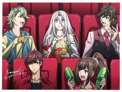 2girls 3boys baron_(varon666) blue_vest brown_eyes brown_hair eating food fuuto_tantei green_eyes green_hair group_picture hidari_shoutarou high_ponytail highres hood hood_down hooded_vest hoodie jacket kamen_rider kamen_rider_w long_hair movie_theater multiple_boys multiple_girls narumi_akiko philip_(kamen_rider) pink_shirt ponytail popcorn purple_eyes purple_hair red_jacket red_vest shirt short_hair sitting tank_top terui_ryuu tokime_(fuuto_tantei) upper_body vest white_tank_top yellow_shirt