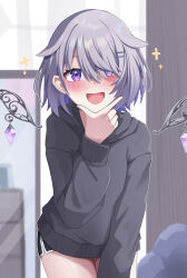 1girl :d absurdres azurarts black_hoodie black_shorts blush dolphin_shorts gem hair_over_one_eye highres hololive hololive_english hood hoodie koseki_bijou looking_at_viewer metal_wings open_mouth purple_eyes purple_gemstone short_hair short_shorts shorts smile solo sparkle virtual_youtuber