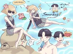 1boy 1girl barefoot black_hair blonde_hair blue_background closed_eyes closed_mouth diamond_(shape) english_text feet flower flower_in_mouth full_body highres male_swimwear maruko_gaku one-piece_swimsuit oosuzuki_kurara open_mouth parted_hair red_eyes sandals shovel simple_background sitting speech_bubble sunglasses swim_trunks swimsuit the_hundred_line_-last_defense_academy- thought_bubble