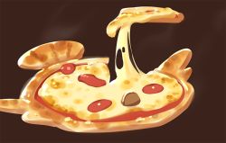 brown_background cheese cheese_trail donuttypd food food_focus gen_5_pokemon mushroom nintendo no_humans pepperoni pizza pokemon pokemon_(creature) simple_background steam still_life stunfisk