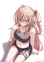 1girl :3 ahoge alternate_costume bare_arms bare_shoulders belt black_belt black_choker black_hair black_nails black_shorts black_tank_top breasts brown_hair choker closed_mouth commentary crop_top garter_straps hair_over_one_eye hand_up heart_pendant highres hololive hololive_english long_hair looking_at_viewer midriff nail_polish nanashi_mumei navel noeee o-ring o-ring_thigh_strap official_alternate_hairstyle one_side_up pendant_choker short_shorts shorts sidelocks simple_background sitting solo swept_bangs tank_top thigh_strap thighs very_long_hair virtual_youtuber white_background white_hair yellow_eyes