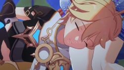 Rule 34 | 1boy, 3girls, aether (genshin impact), animated, apologizing, artist name, audible music, audible speech, bed, blonde hair, blue eyes, blush, braid, brown hair, dani chambers (voice actor), emphasis lines, english audio, english text, falling, flying, genshin impact, head on another&#039;s leg, highres, hu tao (genshin impact), hug, indoors, japanese audio, knees, long hair, midriff, multiple girls, music, nilou (genshin impact), paimon (genshin impact), red eyes, red hair, running, short hair, single braid, sleeping, sound, stormz67, subtitled, thighs, very long hair, video, white hair