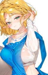1girl alternate_costume apron blonde_hair blue_apron blush braid breasts closed_mouth collarbone commentary cropped_shirt crown_braid green_eyes hair_behind_ear hand_in_own_hair large_breasts looking_at_viewer midriff nintendo no_bra off_shoulder parted_bangs pointy_ears princess_zelda see-through_clothes see-through_shirt shirt short_hair shuri_(84k) simple_background smile solo strap_slip the_legend_of_zelda the_legend_of_zelda:_tears_of_the_kingdom thick_eyebrows upper_body wet wet_clothes wet_shirt white_background white_shirt