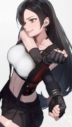 1girl absurdres bare_shoulders black_gloves black_hair black_skirt black_sports_bra black_thighhighs bracelet breasts chorogon clenched_hands collarbone commentary_request cowboy_shot crop_top earrings elbow_gloves final_fantasy final_fantasy_vii final_fantasy_vii_rebirth final_fantasy_vii_remake fingerless_gloves gloves gradient_background grey_background hair_behind_ear highres jewelry large_breasts long_hair low-tied_long_hair midriff miniskirt navel outstretched_arm parted_lips red_eyes single_arm_guard single_earring skirt smile solo sports_bra stretching suspender_skirt suspenders tank_top thighhighs three_quarter_view tifa_lockhart white_tank_top
